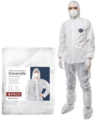 Medical Nation Hazmat Suits Disposable | 5 Pack | Light Duty Disposable Coveralls Men | with Attached Hood and Boots - Overall Protective Chemical Suit for Men & Women, Disposable Paint Suit - 5XL by MEDICALNATION
