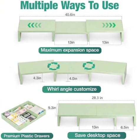 OPNICE Dual Computer Monitor Stand Riser, Desk Organizer with Drawer, Office Desk Accessories & Workspace Organizers for Home Office Supplies, Green - Image 7