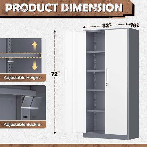 INTERGREAT Metal Storage Cabinet, 72” H Storage Cabinet with Doors and Adjustable Shelves for Office, Home, Garage, Pantry (Assembly Required, Grey White) - Image 3