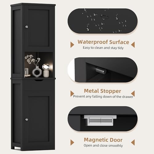 Shintenchi Tall Bathroom Storage Cabinet, Slim Corner Floor Cabinet with Doors and Drawer, Freestanding Narrow Bathroom Organizer with Adjustable Shelves for Small Space, Black - Image 6