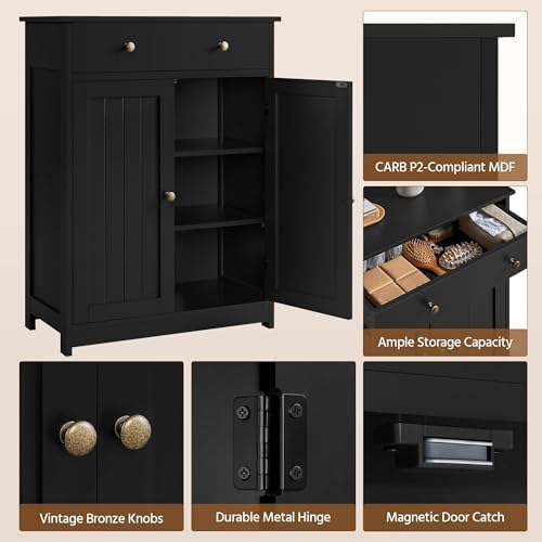 Yaheetech Small Bathroom Storage Cabinet with Drawer and 2 Doors, Black - Image 6