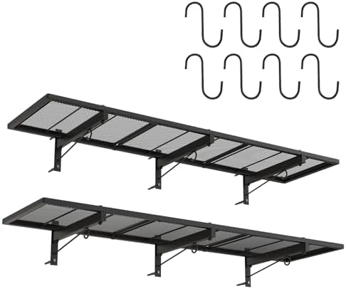 2 Pack Garage Wall Shelf, Heavy Duty Garage Shelving, 46"X 12.5" Wall Mounted Floating Shelves, Metal Hanging Storage Rack with 8 Hooks, Utility Organizer Max Load 320 LBS for Laundry Room, Workshop by Riciakik