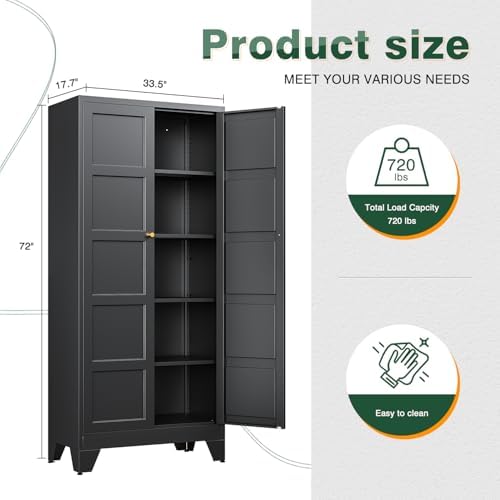 Letaya 72" H Metal Storage Cabinet with 2 Doors and 4 Shelves,Tall Kitchen Pantry Cabinets,Utility Pantry Organizers for Cupboard/Dining/Bathroom/Home Office/Garage (Black, 72" H x 18" D x 33.5" W) - Image 2