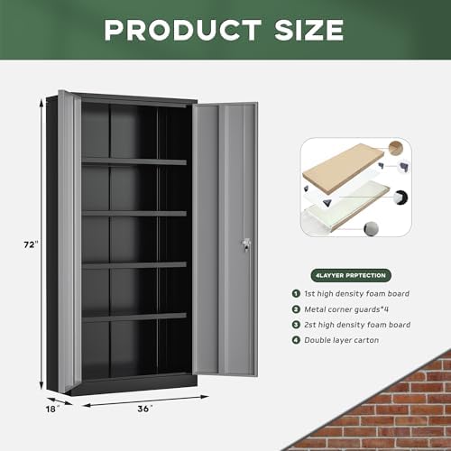 Greenvelly Metal Garage Storage Cabinet, 72" Black Gray Tool Steel Locking Cabinet with Doors and 4 Shelves, Tall Cabinets for Garage Storage Systems Lockable File Cabinet for Home Office,Garage - Image 3