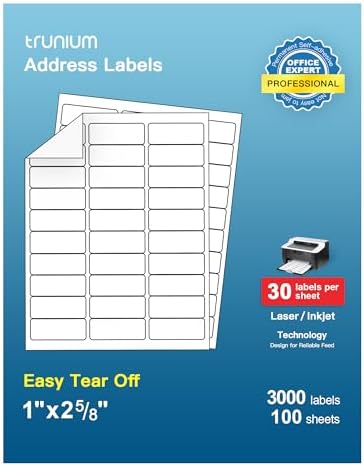 Shipping Address Labels, 1" x2-5/8 Address Labels, 100 Sheets,3000 Labels by TRUNIUM