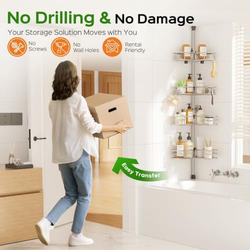 HAMITOR Shower Caddy Tension Pole, 4-Tier No Drill Corner Shower Organizer - Image 6