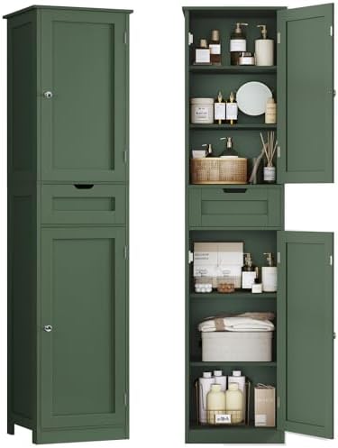 TEENFON Tall Bathroom Cabinet with 2 Doors & 1 Drawer, Narrow Bathroom Storage Cabinet with Adjustable Shelves, for Living Room, Entryway, Kitchen, Forest Green by TEENFON