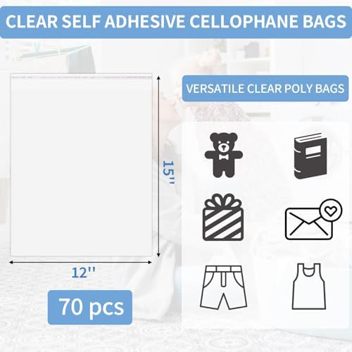 70 Pack 12x15" Clear Cellophane Bags for Shirts, Gift Wrapping, Artwork - Image 2