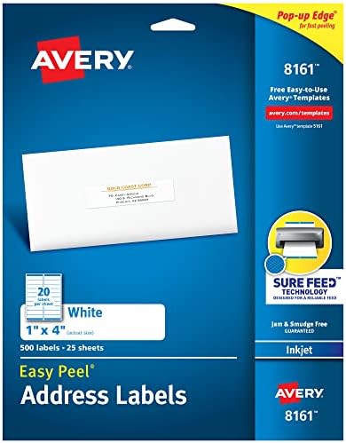 Avery Easy Peel Printable Address Labels with Sure Feed, 1" x 4", White, 500 Blank Mailing Labels (08161) by Avery