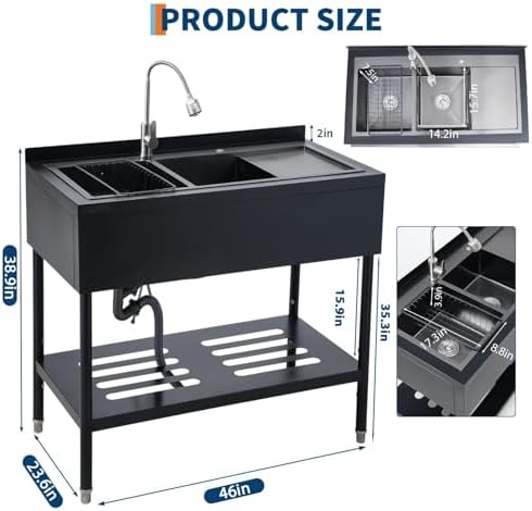 GarveeTech 47.2" Stainless Steel Commercial Utility Sink with Double Bowls & Drainboard, Freestanding Laundry Wash Station with Hot/Cold Faucet, Shelf & Drain Kit for Garage Outdoor Kitchen - Image 2