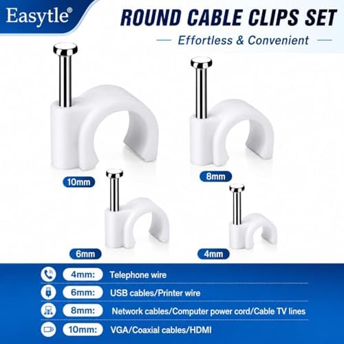 Cable Wire Clips 4mm 6mm 8mm 10mm (Pack of 200) Cable Management RG6 RG59 CAT5 CAT6 RJ45 Electrical Ethernet Dish TV Speaker Wire Cord Tie Holder Single Coaxial Nail Clamps - Image 6