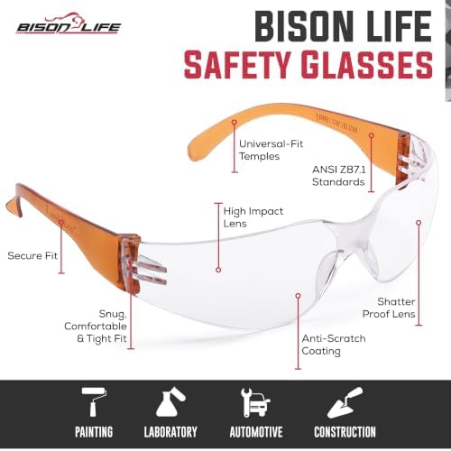 BISON LIFE Clear/Orange Safety Glasses for Men & Women, ANSI Z87.1, 6 Pack - Image 3
