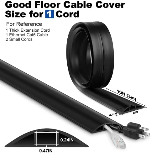 10FT Floor Cord Cover, Black Cord Hider Floor, Durable Cord Covers for Wires on Floor, Cable Floor Cover Power Cord Cover, Floor Cord Protector Hide Cords on Floor Cord Cavity: 0.47" W x 0.24" H - Image 2