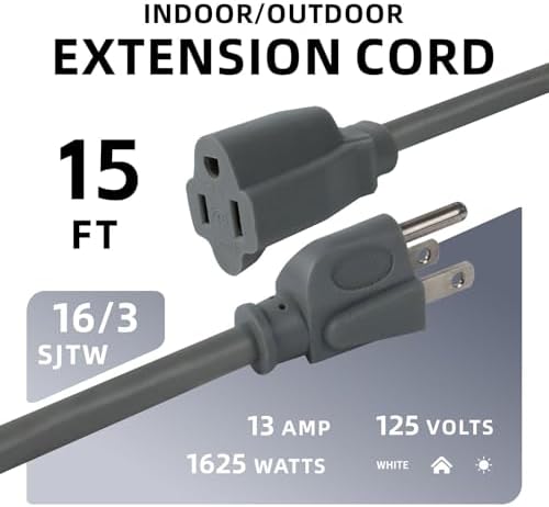 EP 15 FT Outdoor Extension Cord, 16/3 SJTW Heavy Duty Grey 2PK, ETL Listed - Image 2