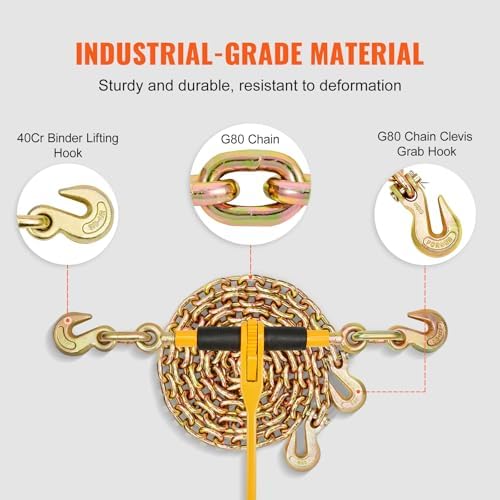 VEVOR Chain and Binder Kit, 3/8"-1/2" Ratchet Load Binders 9200 lbs Working Load Limit, 3/8" x 10' G80 Chains with Grab Hooks, Ratchet Binders and Chains for Truck, Tie Down, Hauling, Towing, 2 Set - Image 3