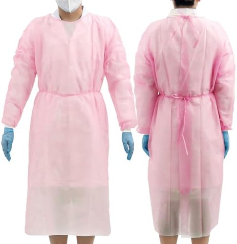 JMU 100 Pack Disposable Isolation Gowns Pink, Long PPE Medical Gowns by JMU