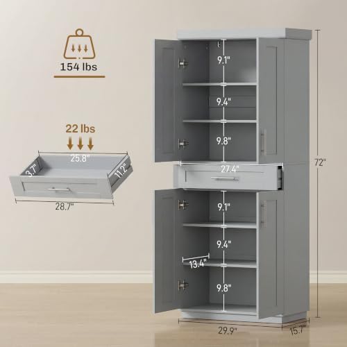 HOMCOM 72" Kitchen Pantry Cabinet Freestanding Storage Cabinet Gray - Image 3