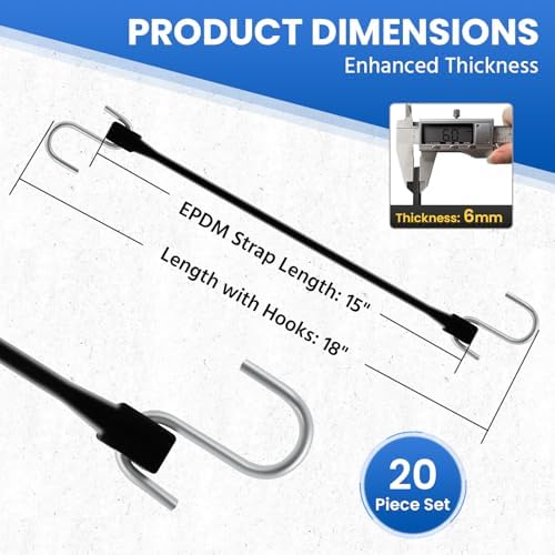 ROBLOCK 15" (20 Packs) Bungee Cords with Hooks Rubber Tarp Straps with 150% Max Stretch, 100% EPDM Bungee Cords with Metal Crimped S Hooks, Ideal for Securing Tarps, Cargo, Canvases, Weatherproof - Image 2