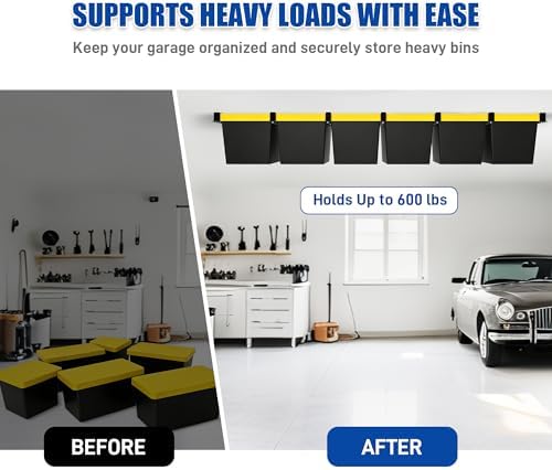 7 Pack Overhead Garage Storage Rack, Heavy Duty Ceiling Storage Rack for 6 Bins, Adjustable Metal Ceiling Bin Storage System T-Rail Tote Organizer with Hardware for Garage Workshop Shed - Image 5