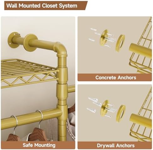 3-Bay Industrial Pipe Closet System, Wall Mounted Garment Racks, Gold - Image 7