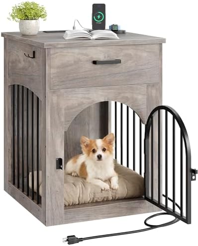 CHOEZON Dog Crate Furniture, Wooden Dog Kennel with Charging Station and Storage Drawer, Indoor Pet Crate End Table for Small Breeds, Dog Cage Furniture for Living Room, Bedroom, Greige MGW01UFH by Choezon