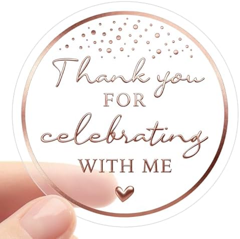 100PCS Thank You for Celebrating with Me Stickers, Clear Rose Gold Foil Party Favor Labels for Birthday, Baby Shower, Bridal Shower, Graduation & Gift Bag Packaging 1.6 Inch by jeecalart