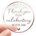 100PCS Thank You for Celebrating with Me Stickers, Clear Rose Gold Foil Party Favor Labels for Birthday, Baby Shower, Bridal Shower, Graduation & Gift Bag Packaging 1.6 Inch by jeecalart