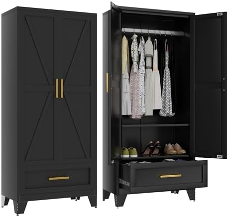 Baborokic Metal Wardrobe Cabinet,71 Armoire Wardrobe Closet with Drawers and Hanging Rod,Metal Armoire with Adjustable Shelves for Closet,Bedroom,Farmhouse Storage Cabinet with Drawer(Black) by Baborokicforyournewlife