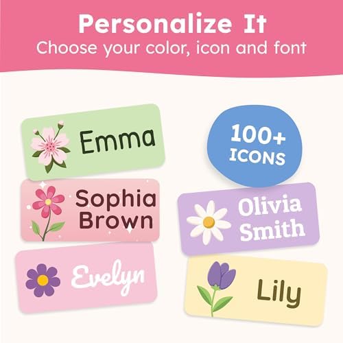 Personalized Name Labels for Kids (140 Labels) - Durable & Waterproof Custom Name Stickers for Clothing Tags, School Supplies, Camp & Daycare - Flowers (1.2”x0.5”) - Image 5