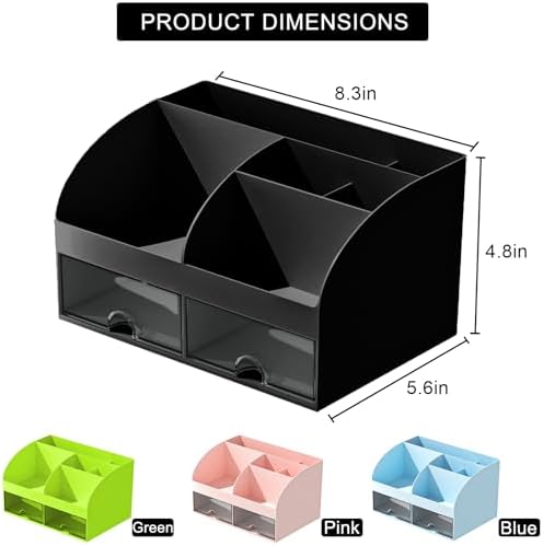 COMFYROOM Desk Organizer with 6 Compartments and 2 Drawers, Plastic Makeup Organizer, Pen Holder for Desktop Storage, Desk Organization for School, Home, Office Supplies (Black) - Image 2