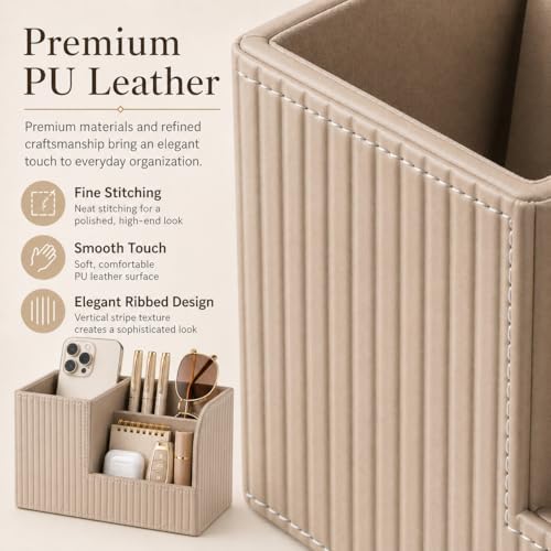 KINGFOM Desk Pen Organizer Office Supplies Caddy Pu Leather Multi-function Storage Box Pen/Pencil,Cell phone, Business Name Cards Remote Control Holder (Mocha Beige) - Image 4
