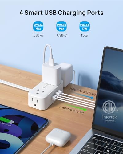TROND 360° Rotating Flat Plug Power Strip 3ft, 4 Widely AC Outlets, White - Image 4