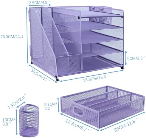 Desk Organiser with 2 Pack Magazine File Holder, 5-Tier Paper Tray Organiser with Drawer and 2 Pen Holder, Letter Tray Multifunctional for Office, School, Home - Purple - Image 2