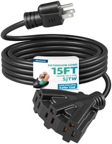 DEWENWILS 15FT Black Tri-Tap Outdoor Extension Cord 16/3, ETL Listed by DEWENWILS