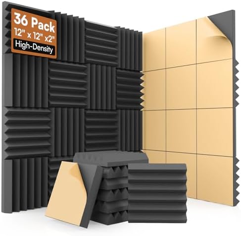 SD SODOCT 36 Pack Wedge Acoustic Foam Panels, Self-Adhesive Sound Proof Foam Panels for Walls, 12 x 12 x 2 Inches High Density Acoustic Foam, Fire Resistant, Studio Wall & Ceiling Panels, Black by SODOCT