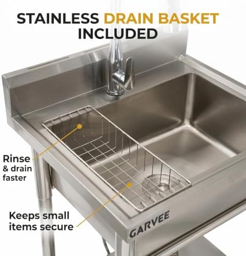 GarveeTech 24x21x36 in Stainless Steel Sink, Freestanding Utility Basin Workstation, Single Deep Bowl Wash Basin - Hot & Cold Brass Pull-Out Faucet - Backsplash, Storage Shelf, Drain Kit - Image 4