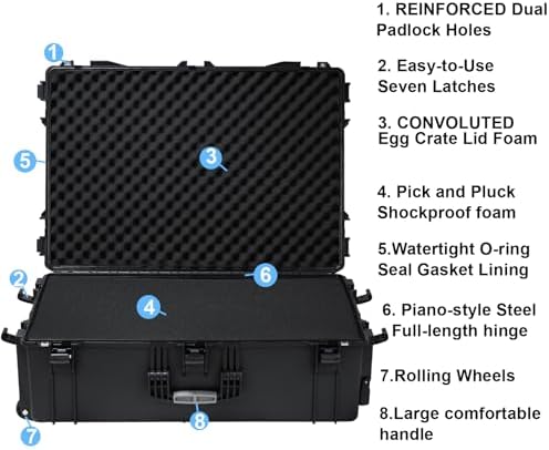 Regetek Rolling Case with Foam, 37 x 25.5 x 12 Inch, Transport Hard Case with Wheels/ 3 Large Handles for Camera, Tool, Equipment, Crushproof,Waterproof, Lockable, Inner 33.66" x 22.64" x 9.06" - Image 4