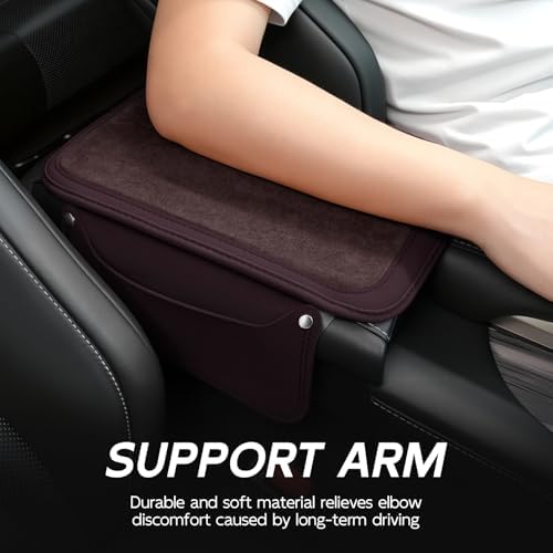 SINGARO Car Leather Center Console Cover with 2 Storage Bags, Universal Furry Fluffy Car Armrest Seat Box Pad, Comfortable Car Interior Accessories, Fits for Most Vehicles (Brown) - Image 2