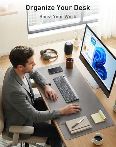 Aothia Faux Leather Desk Mat - Non-Slip PU Leather Desk Blotter, Waterproof Writing Surface, Large Desk Pad for Office & Home (Light Grey, 55" x 17") - Image 3