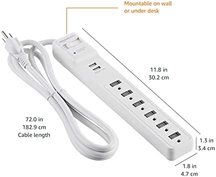 Amazon Basics Power Strip Surge Protector with 6 Outlets, 2 USB Ports, 1000 Joule Protection, 6-Foot Extension Cord, White - Image 6