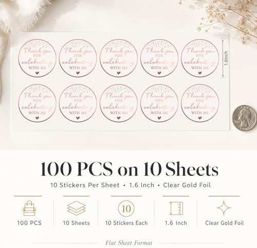 100PCS Thank You for Celebrating with Me Stickers, Clear Rose Gold Foil Party Favor Labels for Birthday, Baby Shower, Bridal Shower, Graduation & Gift Bag Packaging 1.6 Inch - Image 2