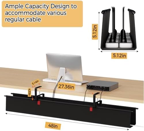 Under Desk Cable Management Tray, 48" Fabric Wire Cord Organizer, Black - Image 4