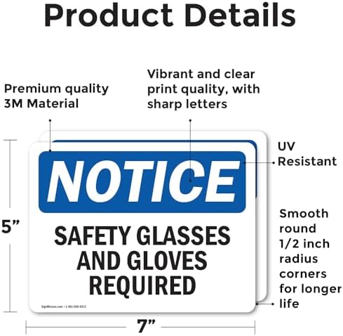 (2 Pack) Safety Glasses And Gloves Required OSHA Notice Sign 7 Inch X 5 Inch Vinyl Label Decal Sticker Weather Resistant, UV Protected for Workplace, Business, and Construction Site, Made in the USA - Image 2