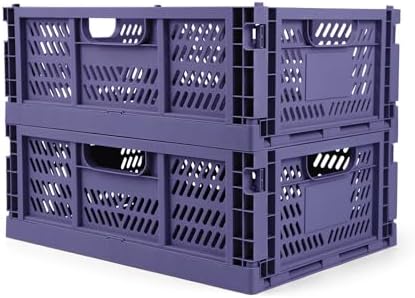 2 Pack Stackable Storage Crates, Plastic Foldable Baskets Large Blue by Domiella