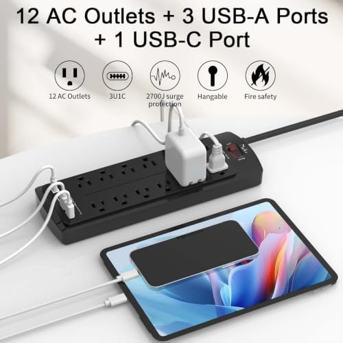 Power Strip, Nuetsa Surge Protector with 12 Outlets and 4 USB Ports, 10 Feet Flat Plug Extension Cord for Home, Office, Dorm Essentials, 2700 Joules, ETL Listed, Black - Image 2