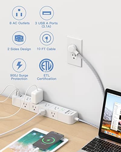 One Beat 10 ft Extension Cord,Power Strip Surge Protector,Flat Plug, White - Image 2