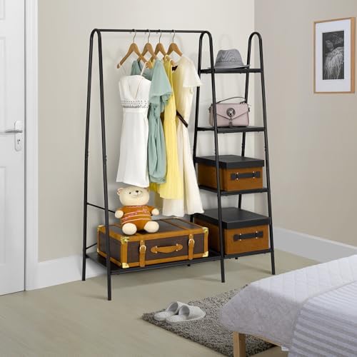 Finnhomy Rustic Clothes Rack, Clothing Rack for Hanging Clothes Heavy Duty Garment Rack with 5 Wood Shelves Freestanding Portable Closet Organizer for Bedroom/Entryway/Boutiques，Matte Black - Image 5