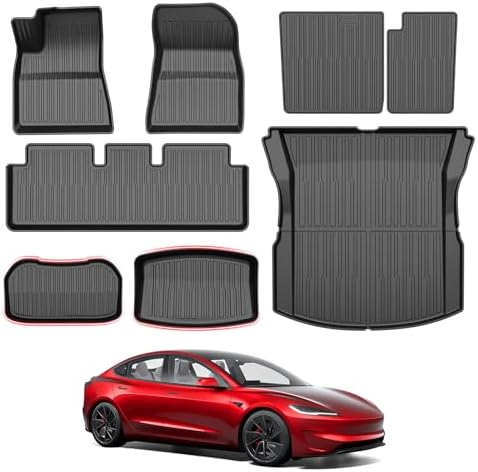 Powerty Floor Mats for 2024 2025 2026 Tesla Model 3 Highland 8 PCS Floor Cargo Liners Full Set All Weather TPE 3D 2 Row Liner Front Rear Storage Mat and Rear Seat Back Mats by Powerty