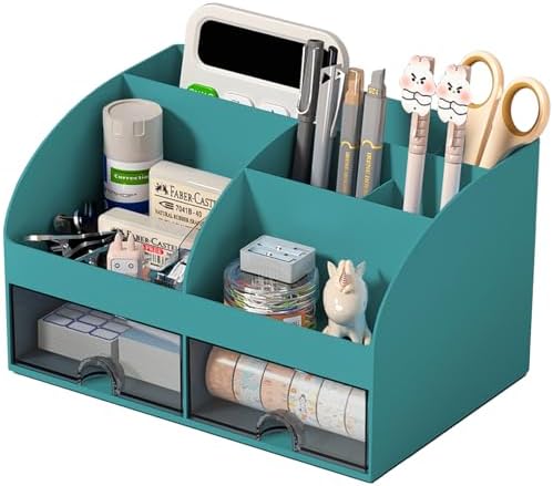 COMFYROOM Desk Organizer with 6 Compartments and 2 Drawers, Plastic Makeup Organizer, Pen Holder for Desktop Storage, Desk Organization for School, Home, Office Supplies (Dark Green) by COMFYROOM