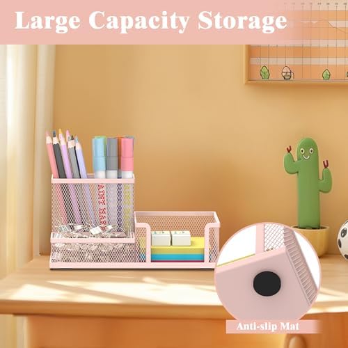 SUPEASY Mesh Pen Holder Desk Organizer, Office Supplies Pencil Storage with 3 Compartments, Office Desk Accessories and Workspace Organizers for Home School Classroom, Pink - Image 2